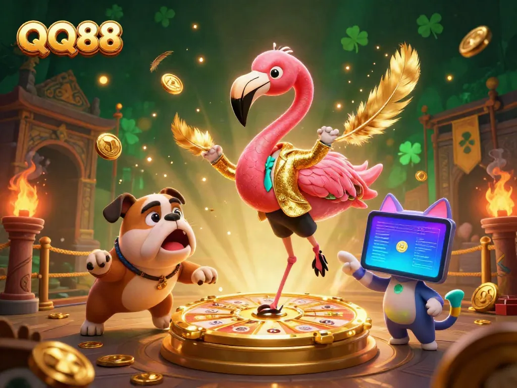 Experience thrilling moments at QQ88 with vibrant characters and exciting games in a dynamic casino scene.