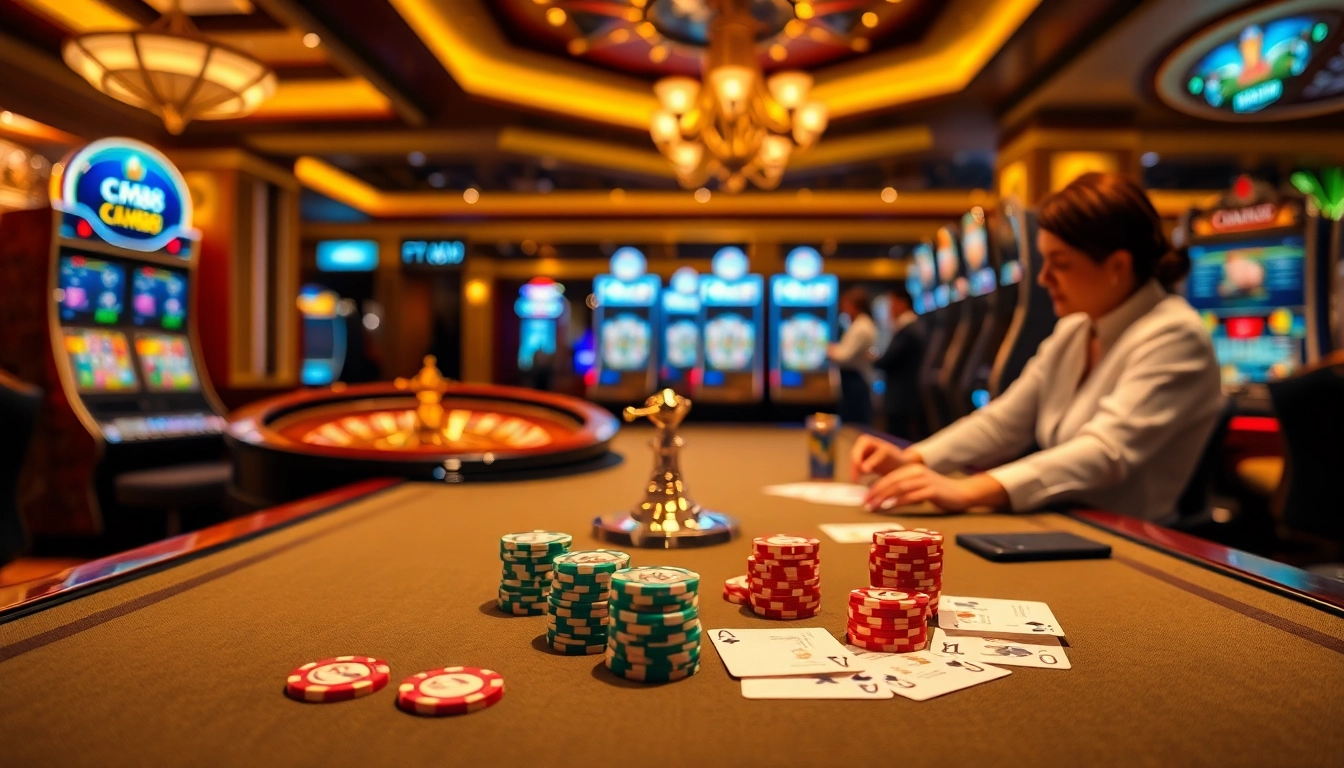 Engaging scene of experienced gamblers enjoying casino features and CM88-themed chips.