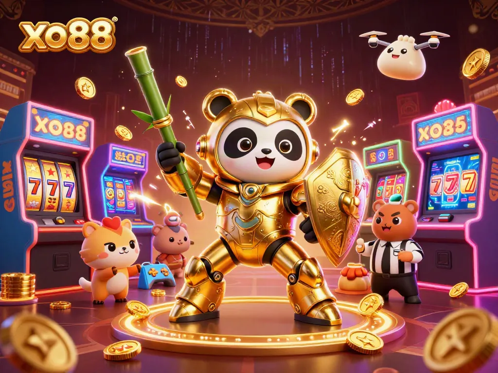 Experience the thrill of gaming at xo88 with a vibrant 3D casino illustration showcasing a golden panda in action.