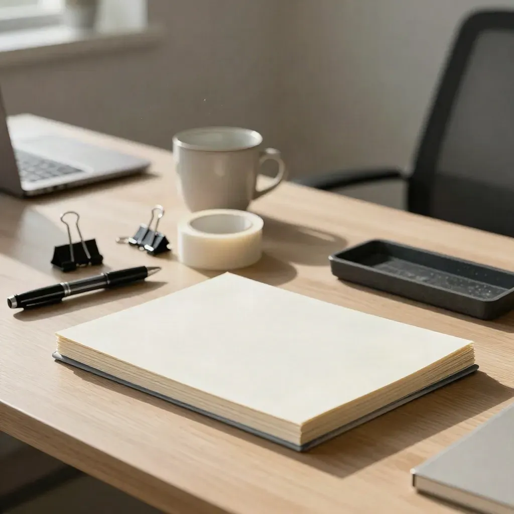 Office starter bundle with pens, blank pads, tape, clips and tray on a sunlit oak desk.