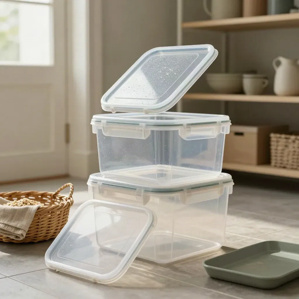 Clear lidded storage boxes stacked in a bright utility room with basket and linen cloth.
