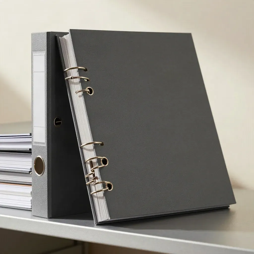 Charcoal A4 ring binders stacked with one open binder, paper edges and metal rings lit by soft daylight.