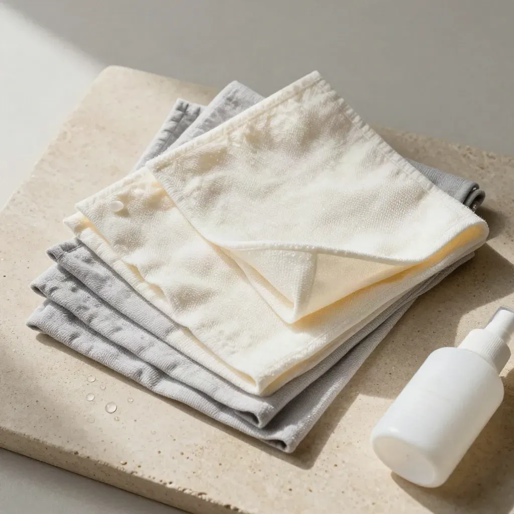 Overhead flatlay of pale microfibre cloths with mist and water droplets on a stone slab