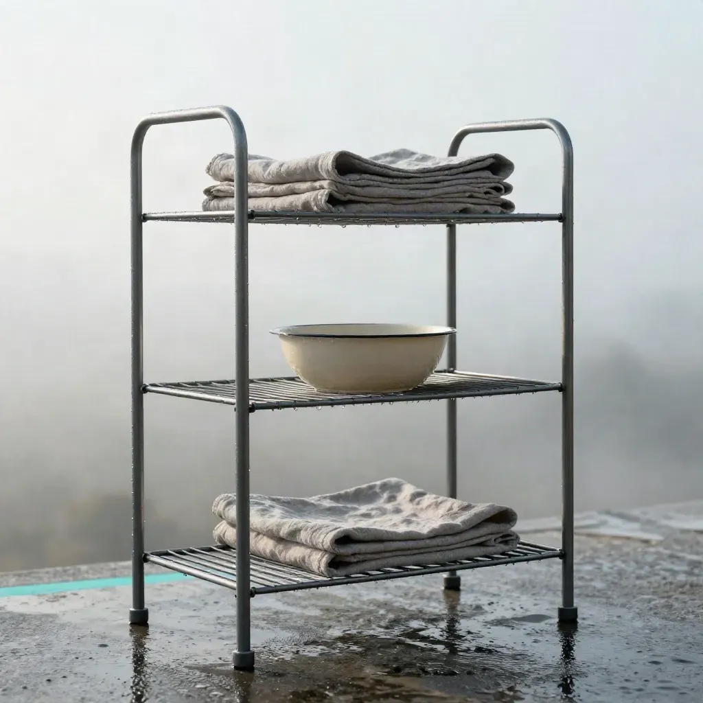Three-tier metal storage rack on wet stone with cloth and enamel bowl in cool mist.