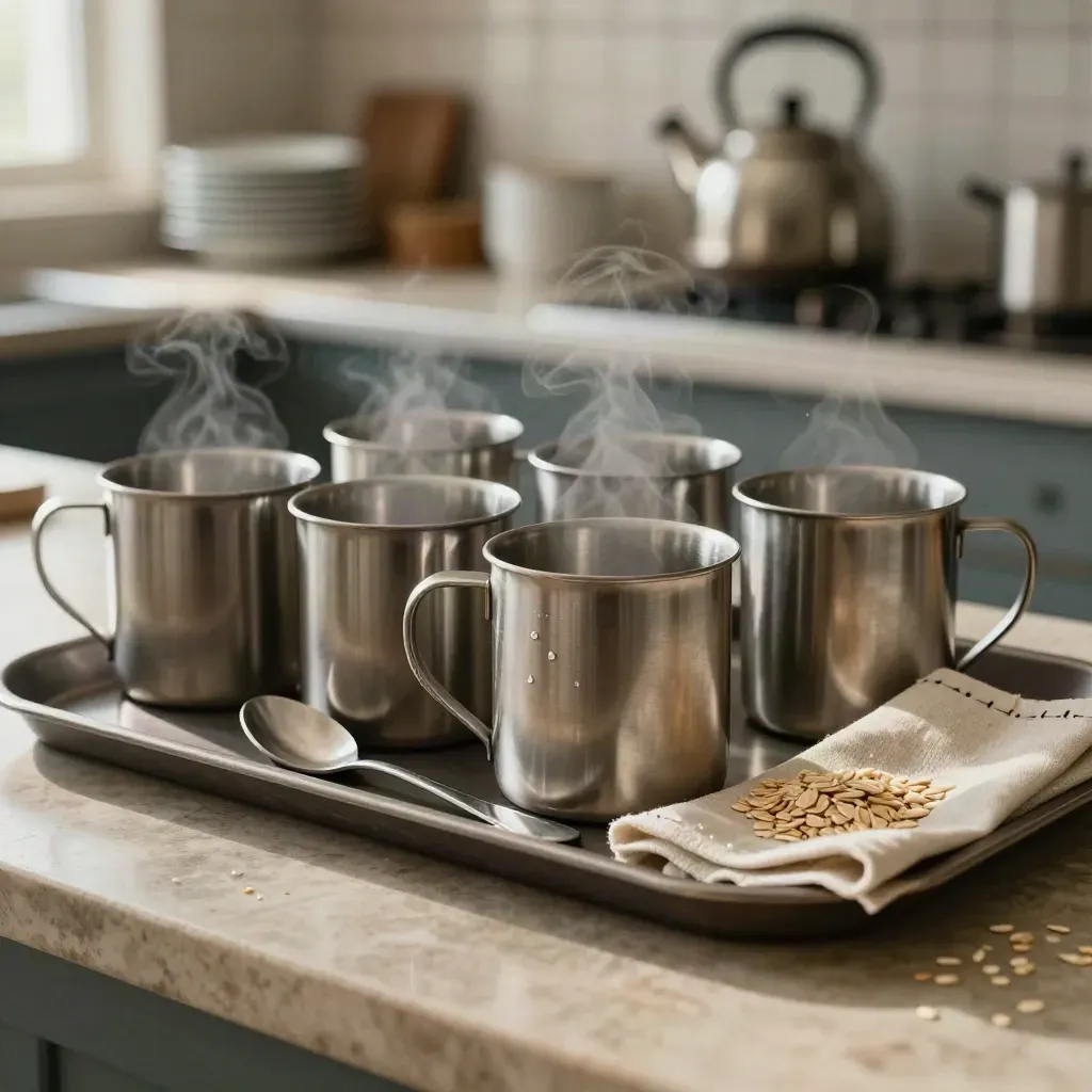 Brushed stainless steel mugs on a tray with spoon and linen napkin, steam rising in a staff room.