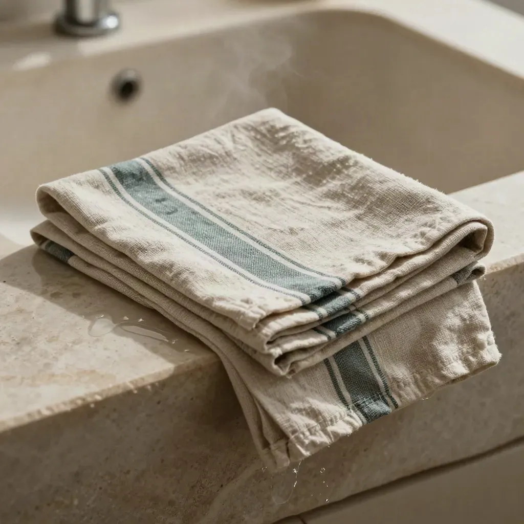 Tea towel pack draped over a stone sink edge with damp folds and soft steam