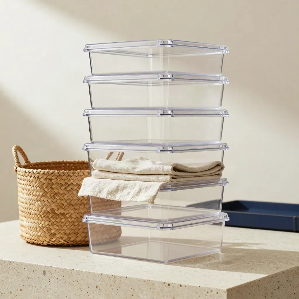 Clear stack boxes with an open lid beside a woven basket on pale travertine