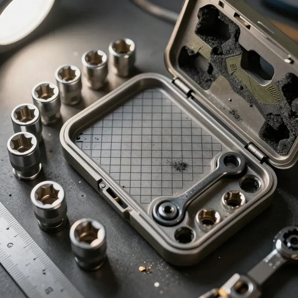 Extreme macro of a mini tool set in a compact case on a charcoal workbench