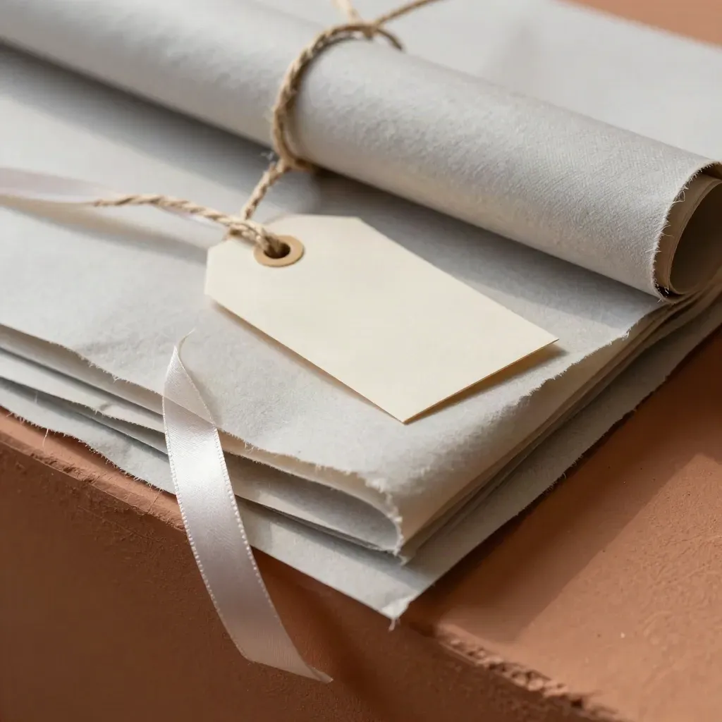 Close-up of gift wrap paper, tags, ribbon and twine in warm neutral studio light.