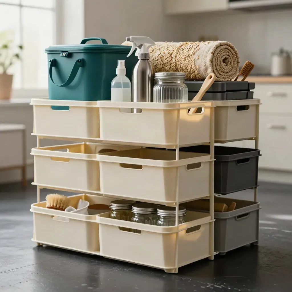 Teal-accented household bundle of storage, cleaning and office items on a dark studio floor.