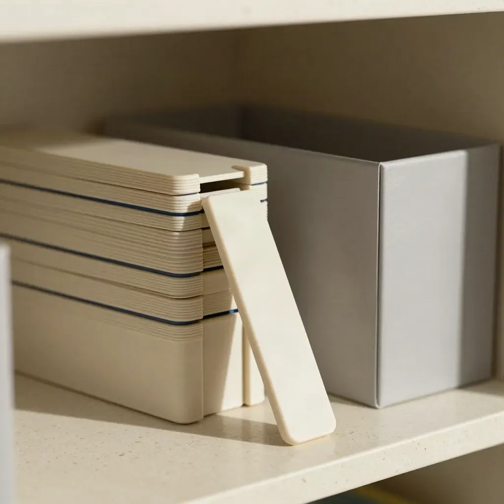 Adjustable shelf dividers stacked beside plain boxes on travertine, one divider offset