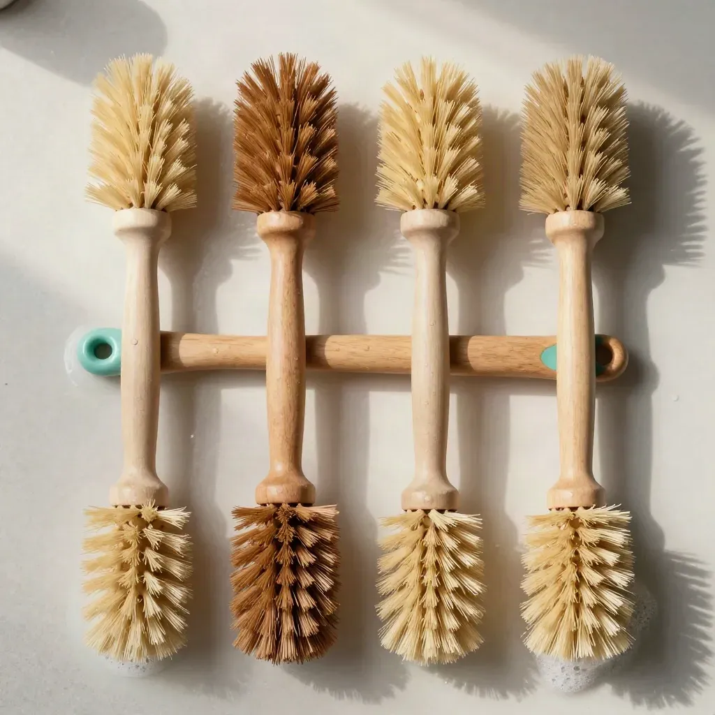 Overhead flatlay of six wood-handled dish brushes on wet porcelain with suds and a teal accent