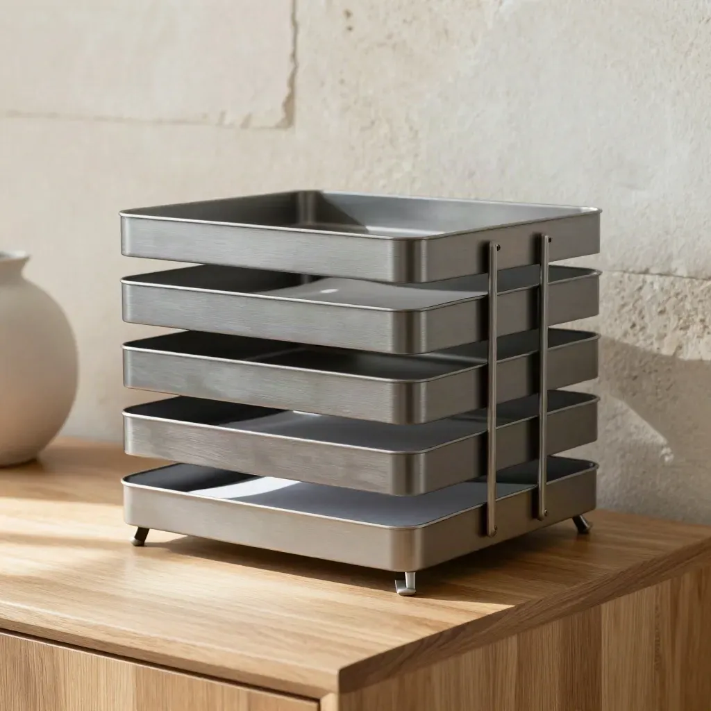 Stacked letter trays with white sheets on a pale oak credenza in soft daylight.