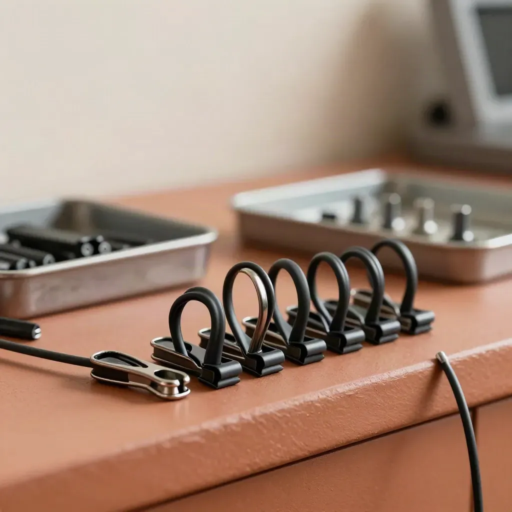 Low-angle hero of cable clips with a black cable on a terracotta ledge