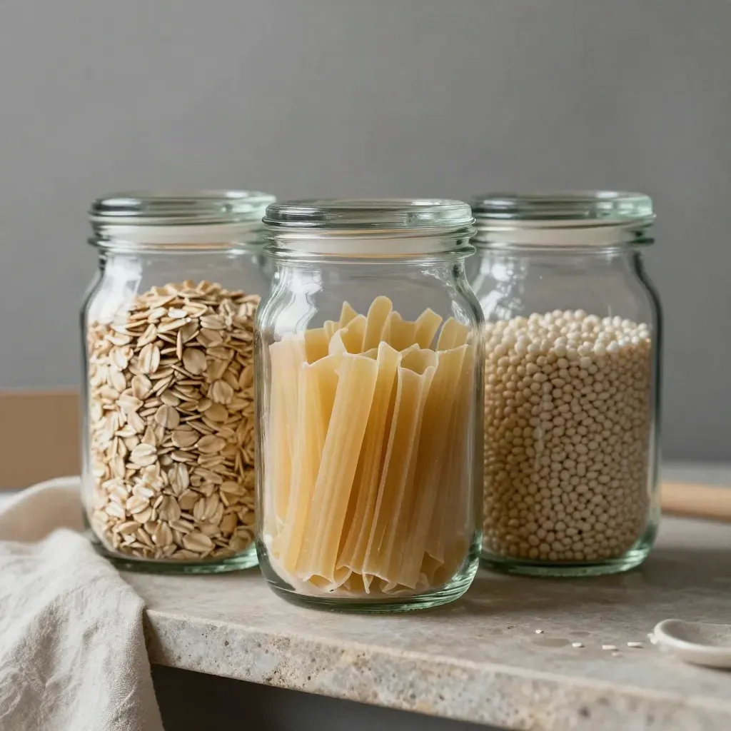 Three glass food jars with pale contents on a stone shelf in soft dramatic light.