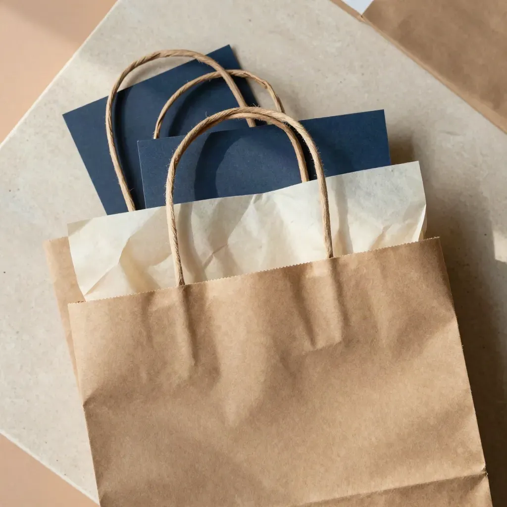 Top-down close-up of brown gift bags with tissue and twine on limestone