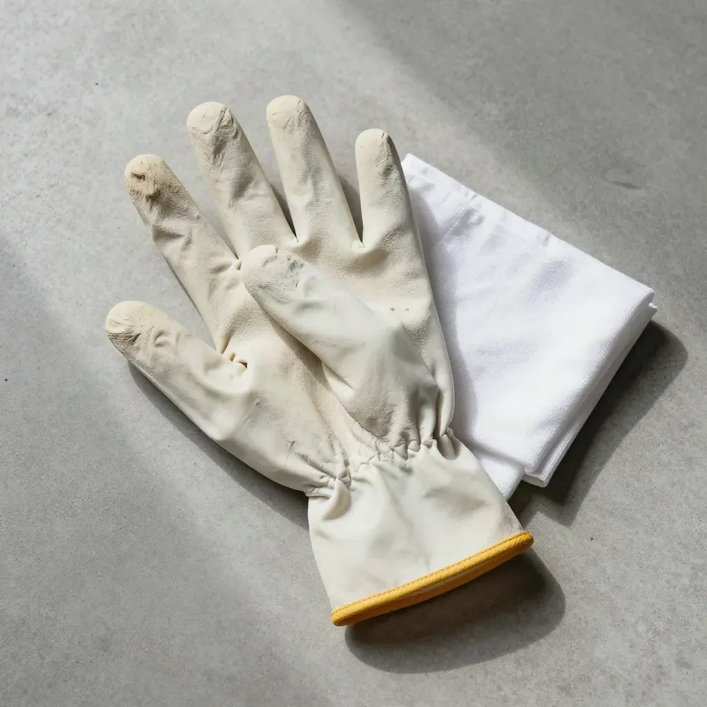 Utility gloves and folded cloth on concrete, overhead close-up with soft workshop light.