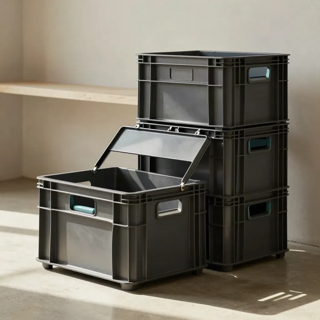 Fold-flat crates, one open and one stacked, in a bright utility-room lifestyle scene.