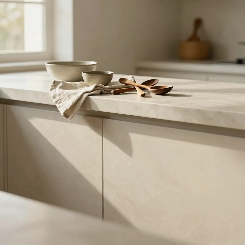 Sunlit cream-marble ledge with stoneware bowls, linen napkin, and wooden spoons in soft kitchen light.