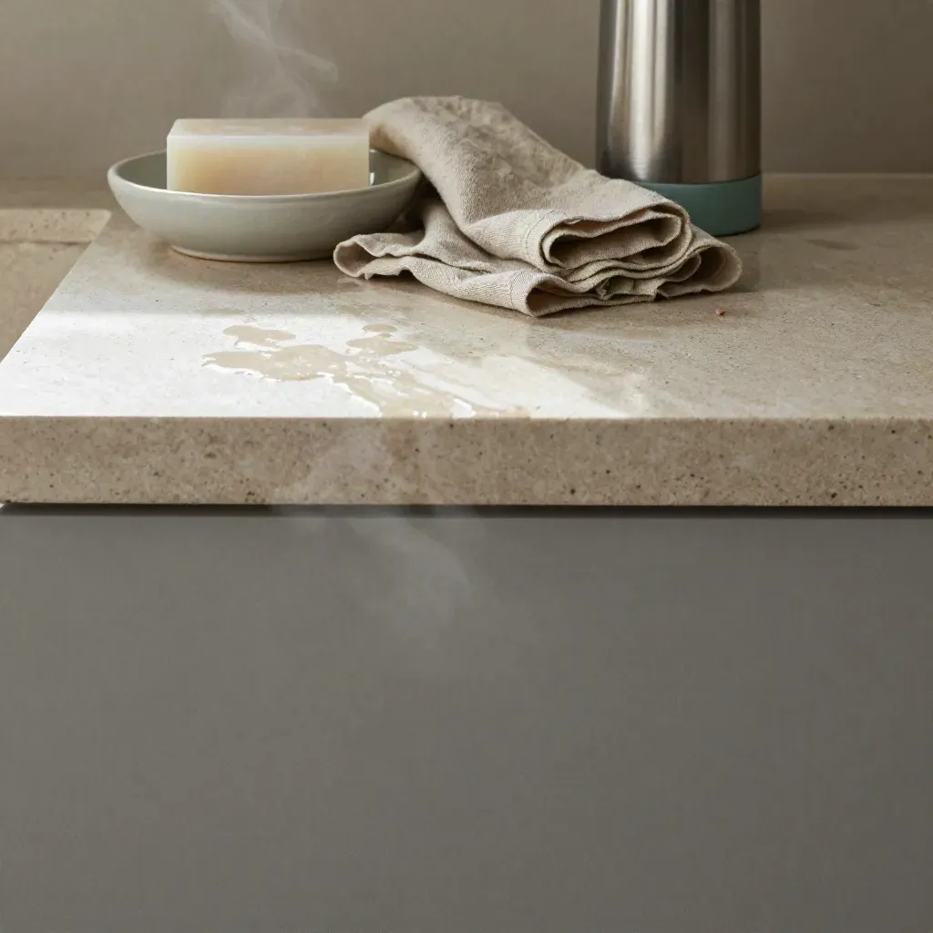 Pale stone counter with soap dish, folded cloths and brushed dispenser in soft daylight.