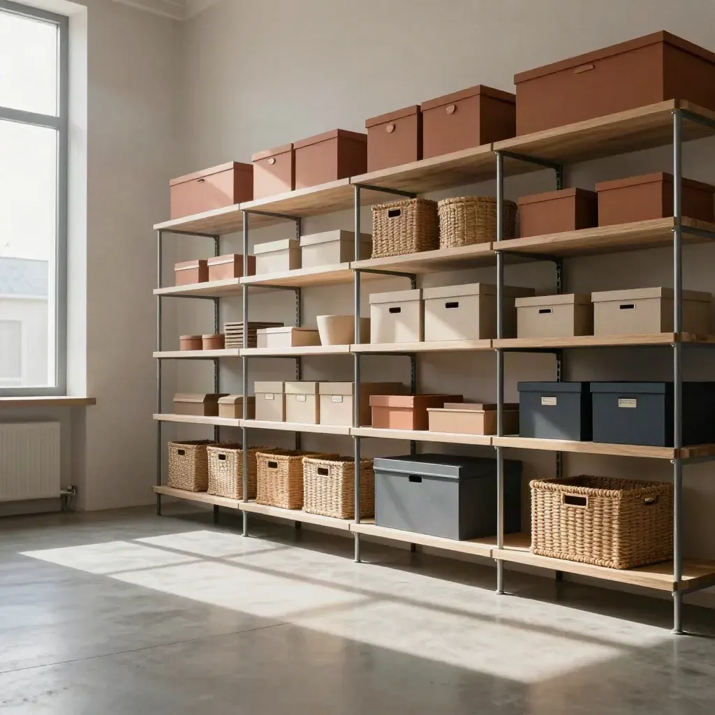 Sunlit utility-room shelving with baskets, boxes and crates above a calm concrete floor