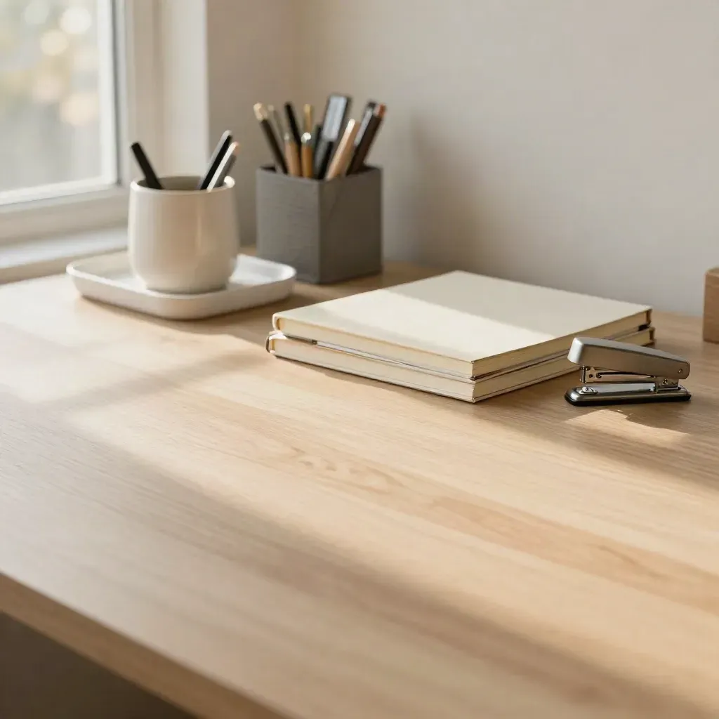 Golden-hour office supplies on pale wood with calm copy space below.