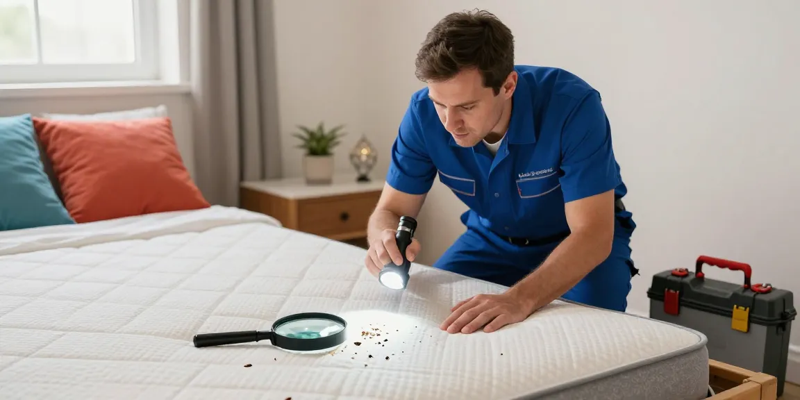 Technician conducting bed bug pest control inspection in a clean bedroom, highlighting professional expertise.