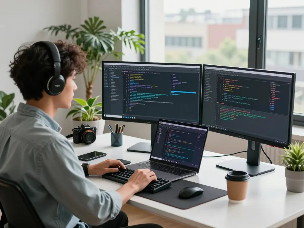 Developer using clawbot at a modern workspace with multiple screens and tech elements.