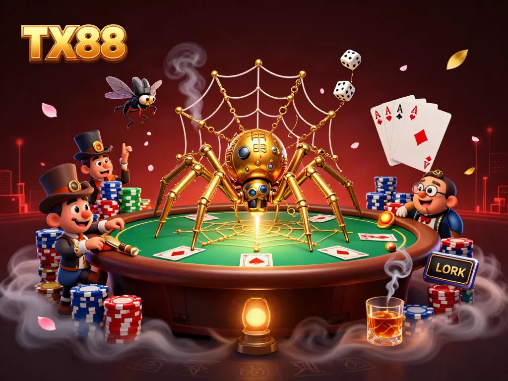 Engage with TX88's steampunk spider capturing luck in a golden web amidst animated casino chaos.