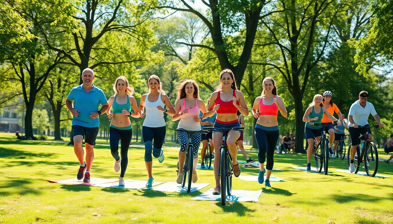 Participants in outdoor exercises aimed at weight loss in a vibrant park setting.