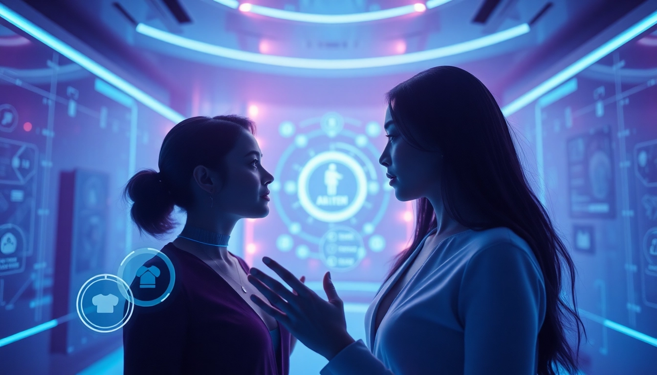 Engaging interaction with advanced sex ai companions in a futuristic digital space.