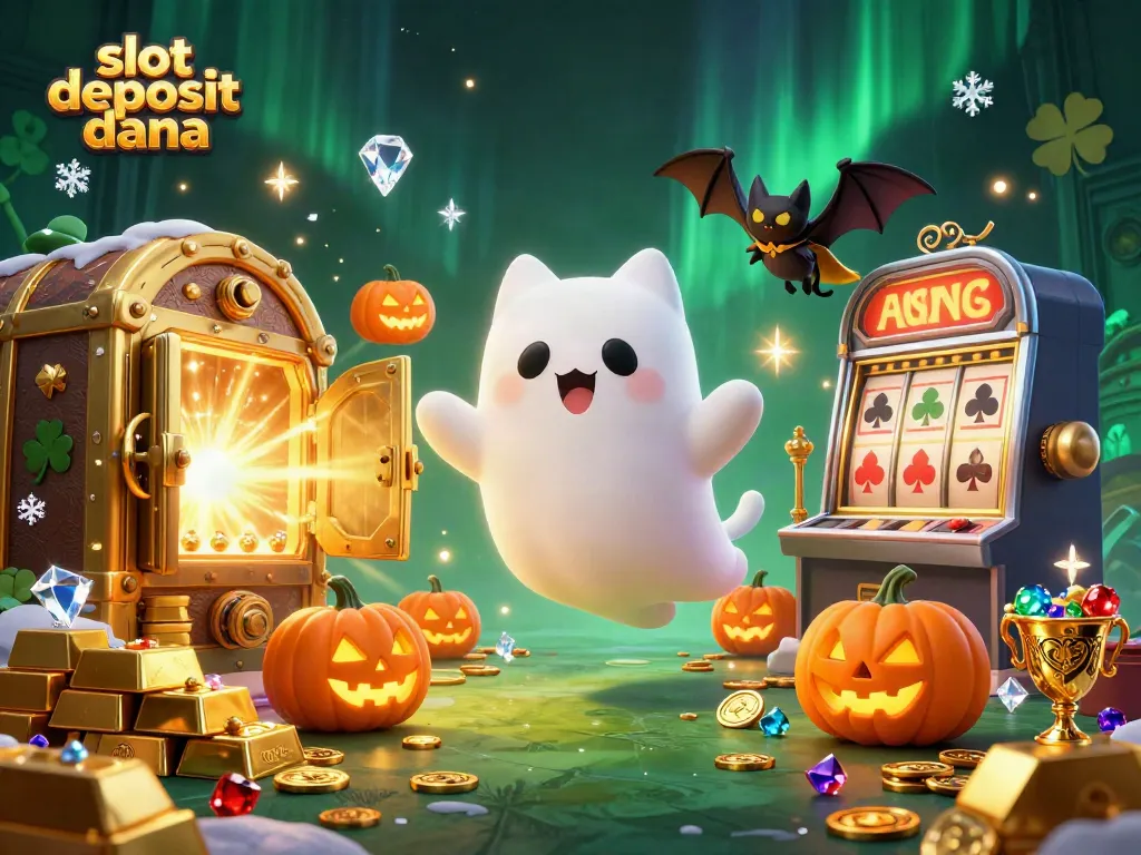 Engage with thrilling slot deposit dana gaming, witnessing a ghostly cat and bat in a vibrant casino setting.