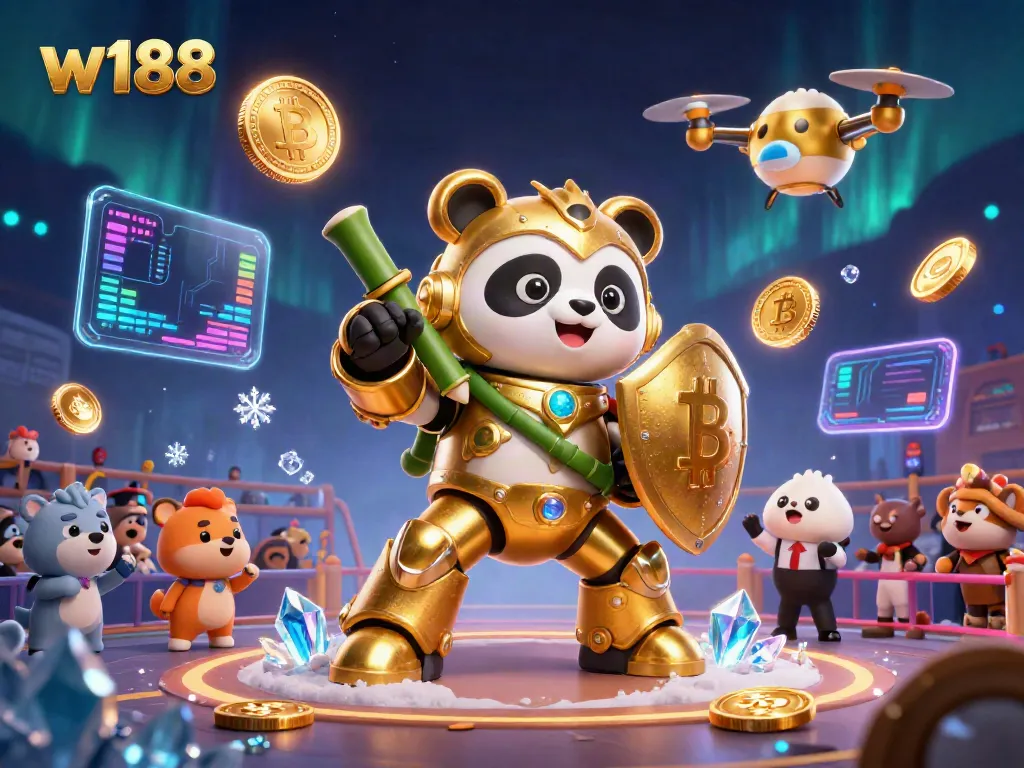 Experience the dynamic gameplay at w188 with a mech-suit panda battling in a neon crypto arena.