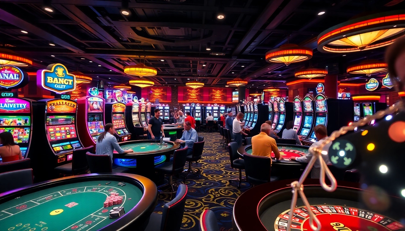 A lively casino scene showcasing KJC AC 2 with players enjoying roulette, blackjack, and colorful slot machines.