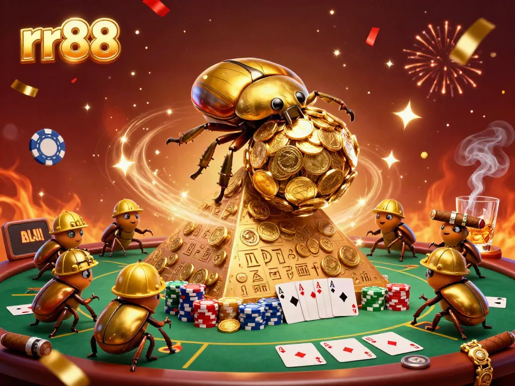 Spin and win big at rr88 with a vibrant 3D illustration showcasing a golden beetle and poker elements.