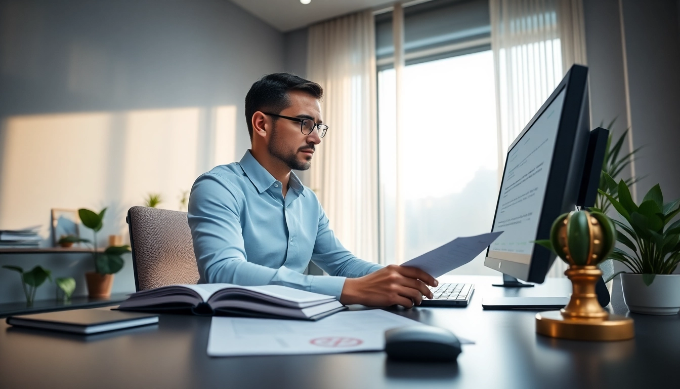 Sworn translator working diligently on legal documents at a modern desk.