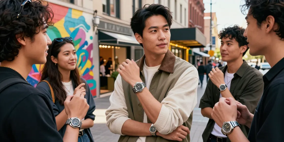 Stylish individual showcasing super clone watches in an urban setting, surrounded by friends admiring the collection.