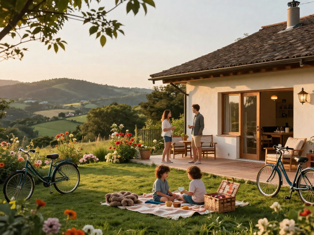 Welcoming holiday let management company scene showcasing a tranquil rental property with families enjoying time outdoors.