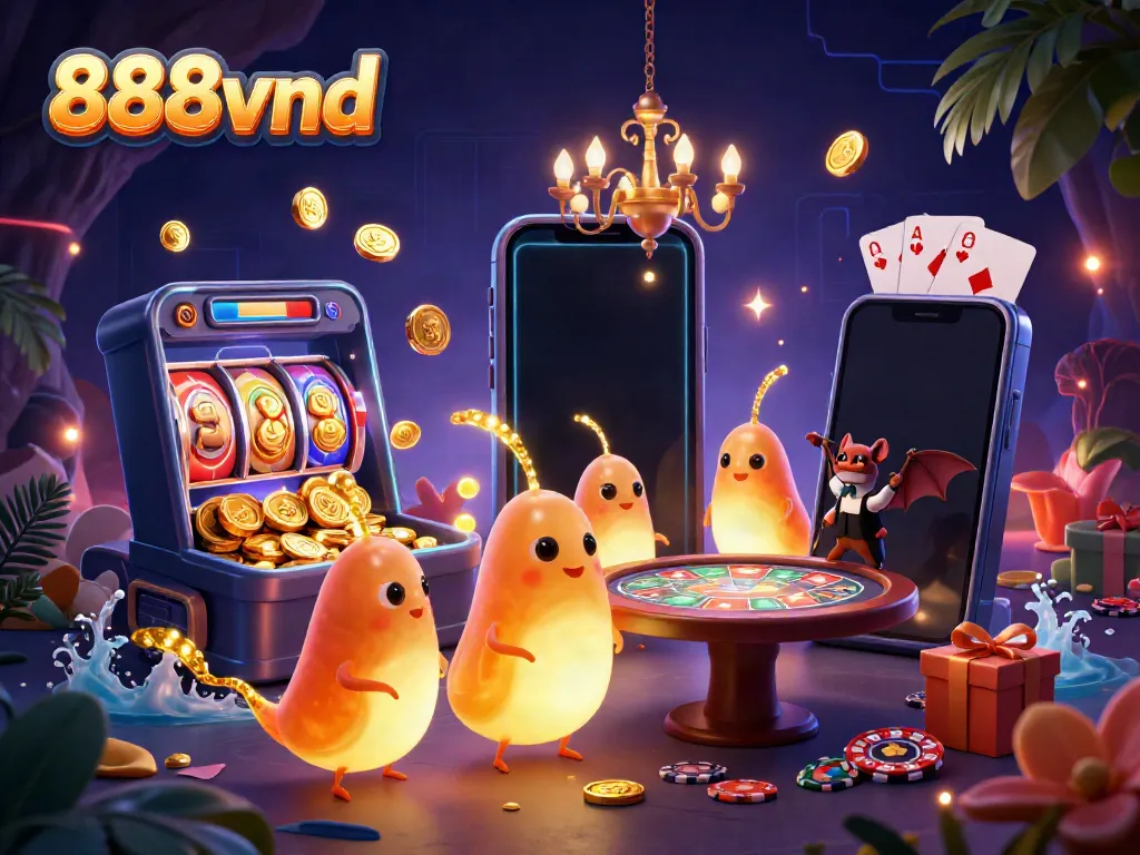 Experience excitement at 888vnd with a vibrant casino scene featuring glowworms and engaging gambling elements.