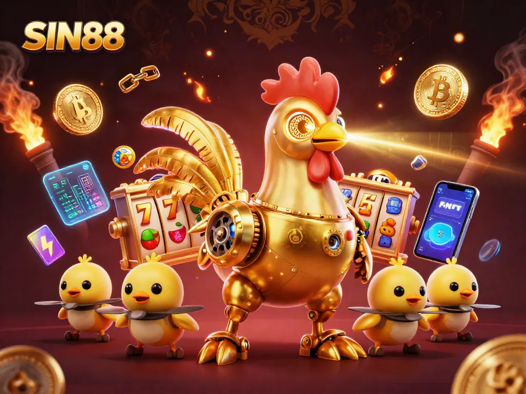 Experience the excitement of SIN88 as a golden rooster robot engages with slot machines and cryptocurrency in a vibrant casino.