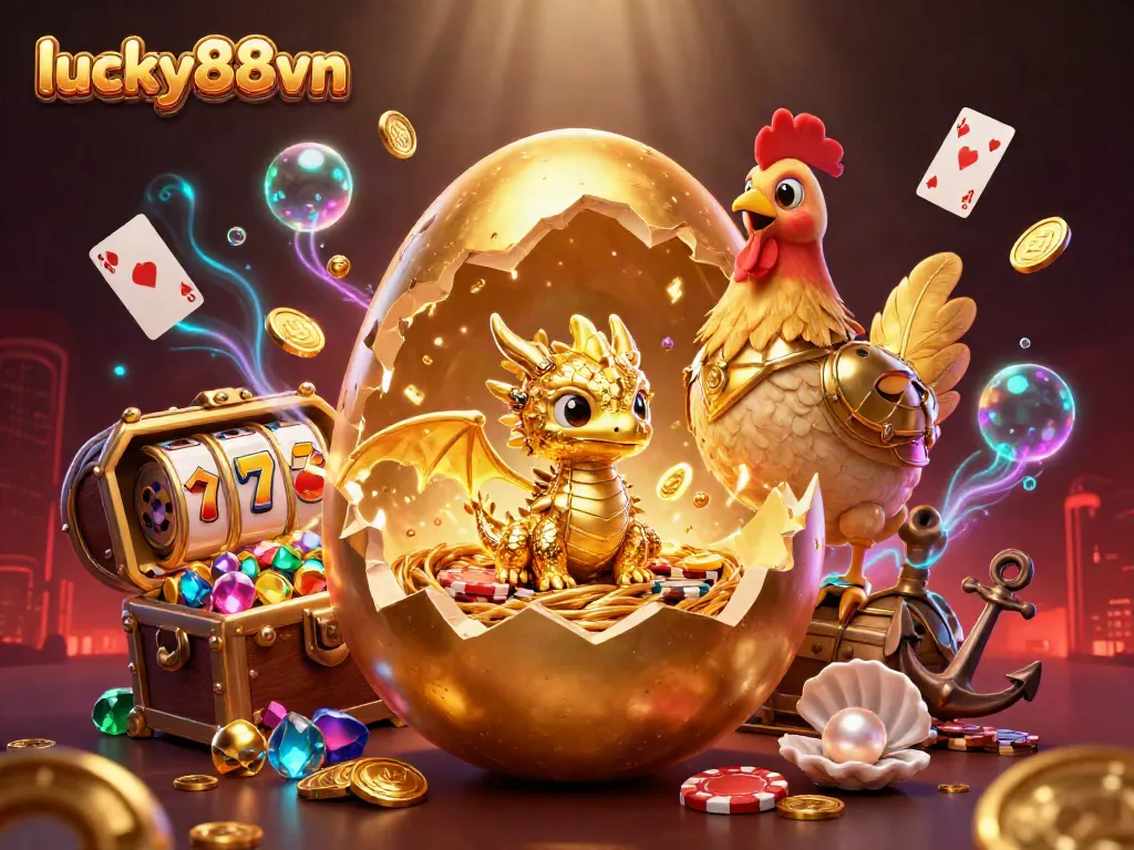 Engage with lucky88vn's thrilling atmosphere showcasing a baby dragon and golden poker chip nest.