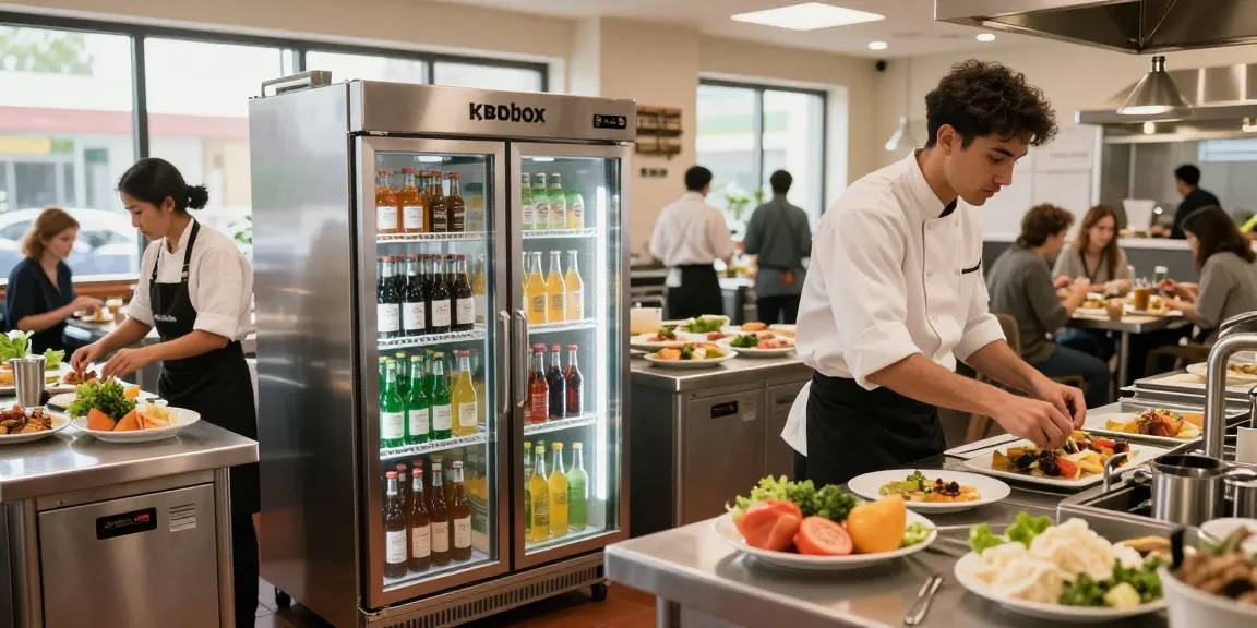 Chef utilizing Commercial Bottle Coolers in a busy kitchen, vibrant atmosphere with food preparation.