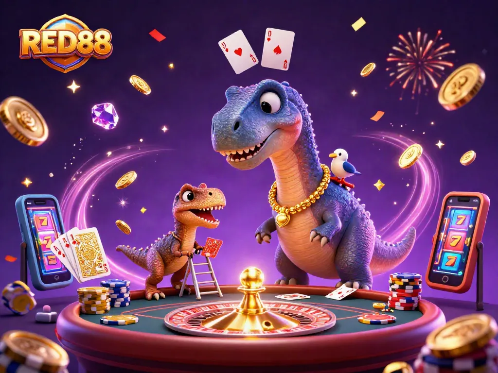 Experience the excitement of RED88 with thrilling cartoon elements and vibrant casino visuals.