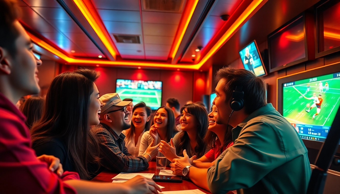Experience the excitement of betting at fb88nn.com with a lively group in a sports bar.