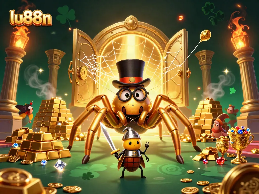 lu88n features a golden tarantula and knight surrounded by casino treasures in a dynamic 3D scene.