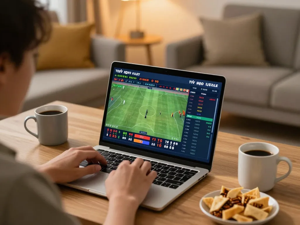 Engaged user analyzing tỷ lệ kèo trực tuyến for live sports betting in a cozy home office