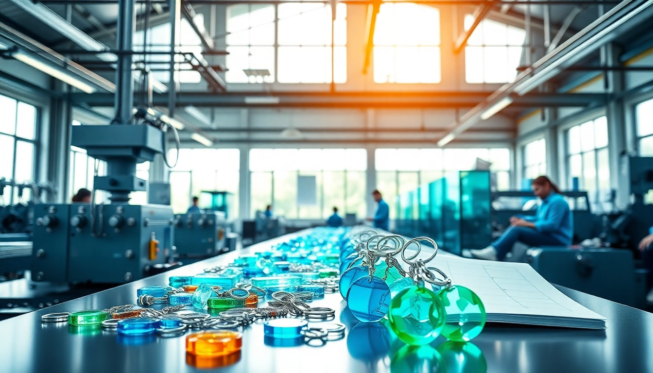 Custom clear acrylic keychains being expertly crafted by an acrylic keychain manufacturer in a vibrant workspace.