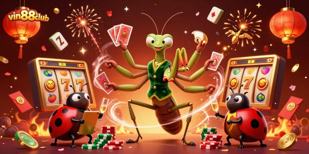 Engage with the excitement of vin88club in a vibrant illustration featuring dynamic casino elements and colorful characters.