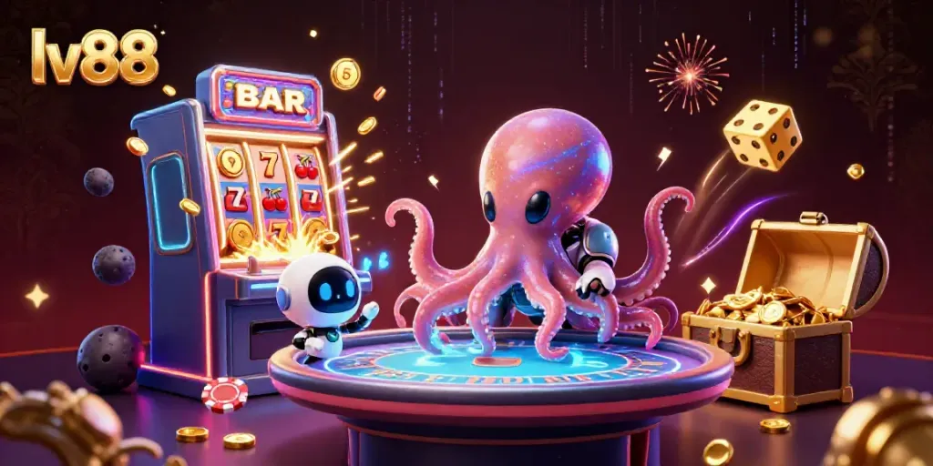 Experience excitement with lv88's vibrant casino games in a dynamic 3D illustration.