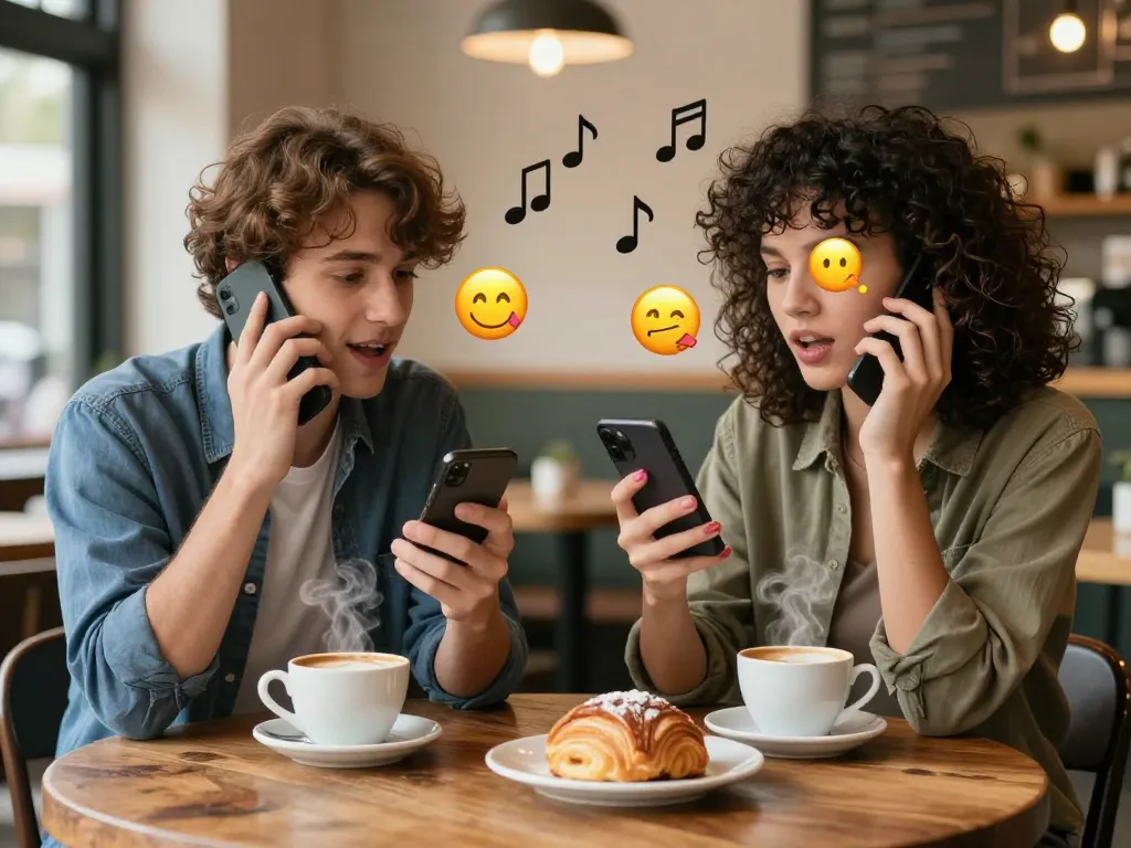 Two friends deeply engaged in a spicy chat over coffee, lively expressions, and vibrant emojis illustrate their online interaction.